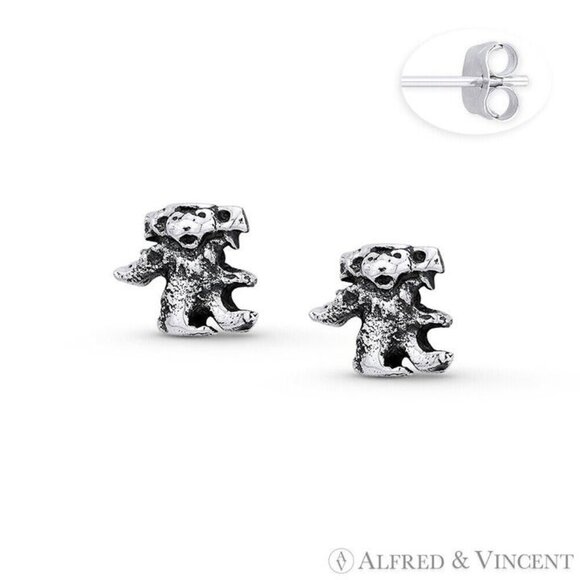 Walking Baby Bear Animal Charm Stud Earrings in Oxidized .925 Sterling Silver - Picture 1 of 1